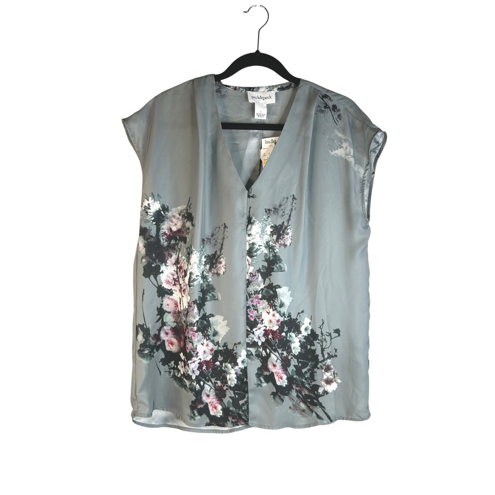 Peck & Peck Women's Sage Green Floral V-Neck Sleeveless Top‎ Size Large New!